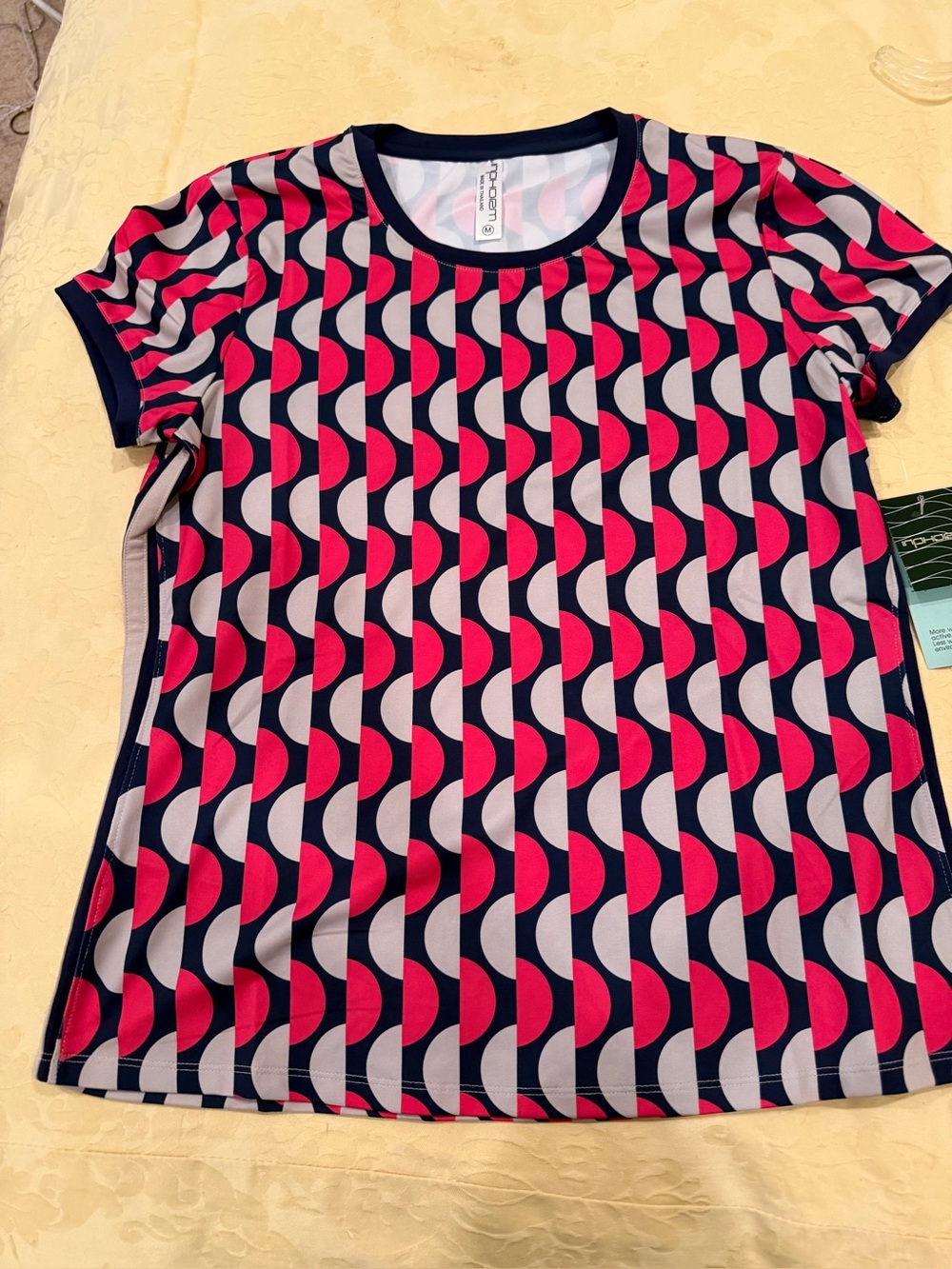 Inphorm Women's Navy, Pink & White Geometric Short Sleeve Athletics Top